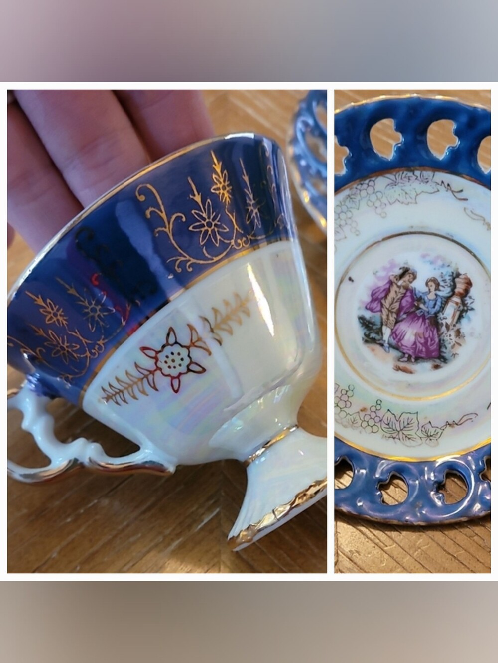 Vintage Royal Japan Pedestal Teacup Slotted Saucer Fragonard Courting Couple